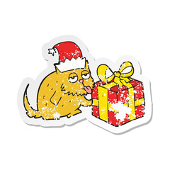 retro distressed sticker of a cartoon cat with present