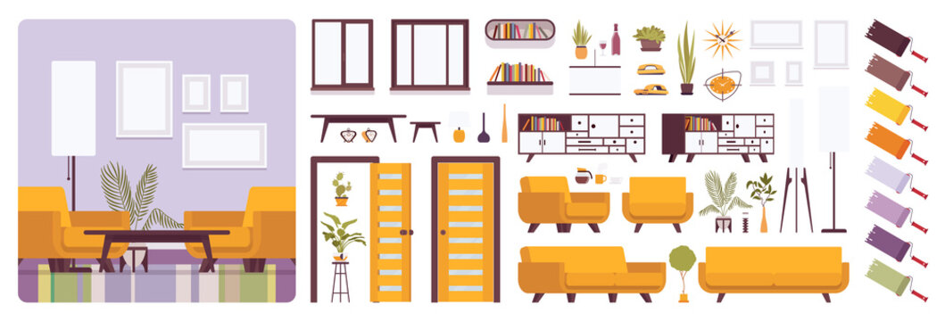 Living room interior, home or office creation kit, lounge set with bright yellow furniture, constructor elements to build your own design. Cartoon flat style infographic illustration and color palette
