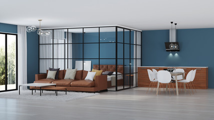 Modern house interior. Bedroom with glass partitions.  3D rendering.