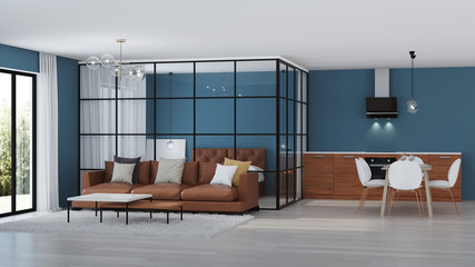 Modern house interior. Bedroom with glass partitions.  3D rendering.