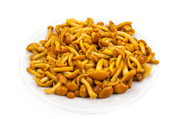 a pile marinated mushrooms on a white plate