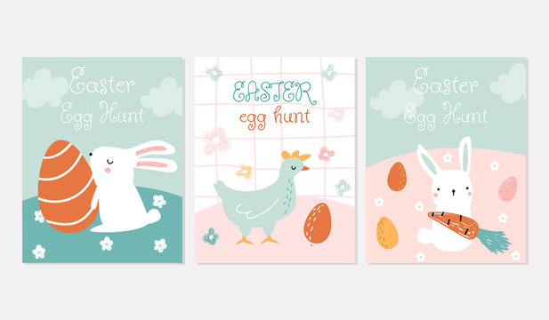 Set of cute Eater egg hunt cards. Kids holiday invitations. Vector hand drawn illustration.