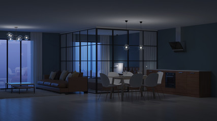 Modern house interior. Bedroom with glass partitions.  Night. Evening lighting. 3D rendering.