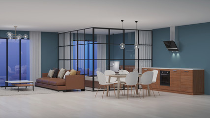 Modern house interior. Bedroom with glass partitions.  Night. Evening lighting. 3D rendering.