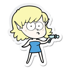 sticker of a cartoon elf girl with ray gun