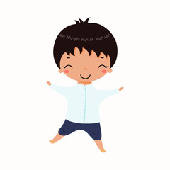 Hand drawn vector illustration of kawaii boy in Thai national costumes. Isolated objects on white background. Design concept for Thailand travel, tourism, traditions.