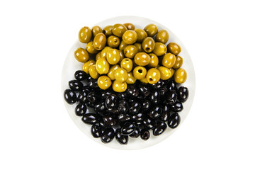 top view fresh black and green olives on the plate  isolated on white background