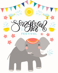 Fototapeta premium Songkran festival poster with cute elephant splashing water, lettering, decorative elements. Isolated objects on white background. Vector illustration. Design concept for Thai new year celebration.