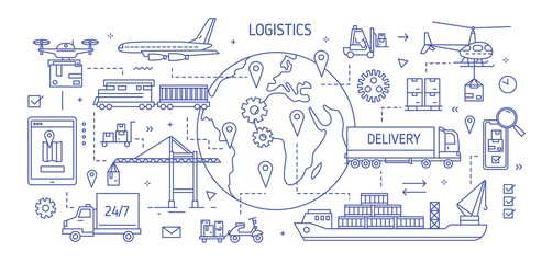 Horizontal banner with various freight transport carrying goods drawn with contour lines. Cargo shipping, international delivery, world trade. Monochrome vector illustration in modern linear style.