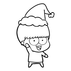 happy line drawing of a boy waving wearing santa hat
