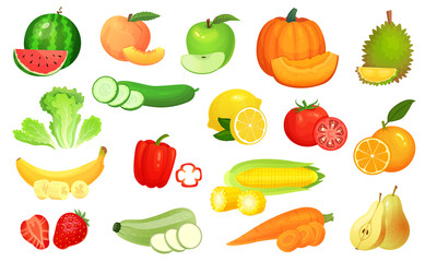 Sliced foods. Chopped vegetables and sliced fruit. Chop vegetable, fruits and berries slice cartoon vector illustration set