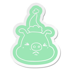 cartoon  sticker of a angry pig face wearing santa hat