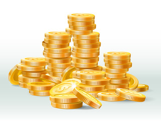 Golden coins pile. Gold coin dollar, money stack and gold cash heap realistic vector illustration