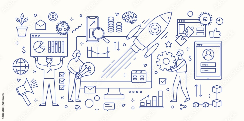 Poster Modern banner template with computer, diagrams, charts, flying spacecraft and group of people working under innovative startup business project launch. Monochrome vector illustration in linear style.