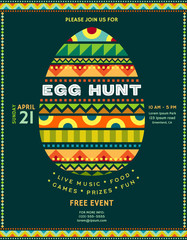 Easter egg hunt announcing poster template. Bright ornate egg and border ornament.
