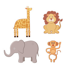 Vector illustration with isolated cute cartoon characters giraffe, lion, elephant, monkey. Template for baby cosmetics packaging design, greeting and baby shower card, print pajamas or t-shirt, cover.