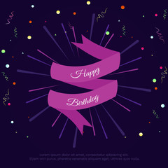 Vector illustration with confetti, ribbon and text Happy Birthday on purple background.  For greeting card, baby shower, party invitation or for post in social media.
