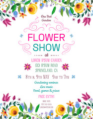 Flower show announcing poster template. Garden party layout with fancy flowers in folk painting style. - 254401114