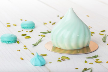 French mousse cake covered with mirror glaze
