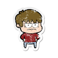 distressed sticker of a annoyed cartoon boy