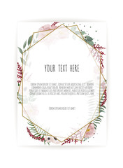 Vector floral design card. Greeting, postcard wedding invite template. Elegant frame with rose and anemone
