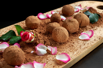 Homemade chocolate and nuts candy balls with cocoa powder.