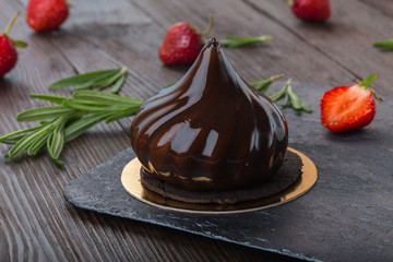 French mousse cake covered with mirror glaze