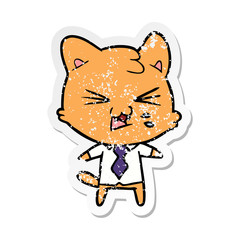 distressed sticker of a cartoon hissing cat