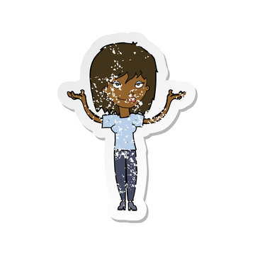 recommend clip art: retro distressed sticker of a cartoon woman shrugging