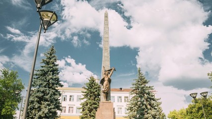 Gomel, Belarus. Monument To Heroes-members Of The Komsomol At Crossroads Of Streets Of Karpovicha...