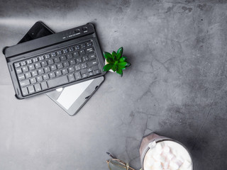 Flat lay, top view office table desk, keyboard, green cactus, master card, coffee cup on grey...
