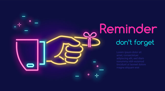 Human hand pointing finger and red tape on the finger in neon light style with text reminder dont forget on dark purple background