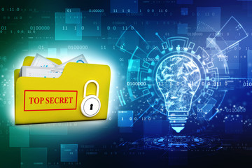 3D yellow folder and lock. Data security concept