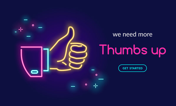 Human hand thumb up symbol in neon light style with text we need more thumbs up on dark purple background