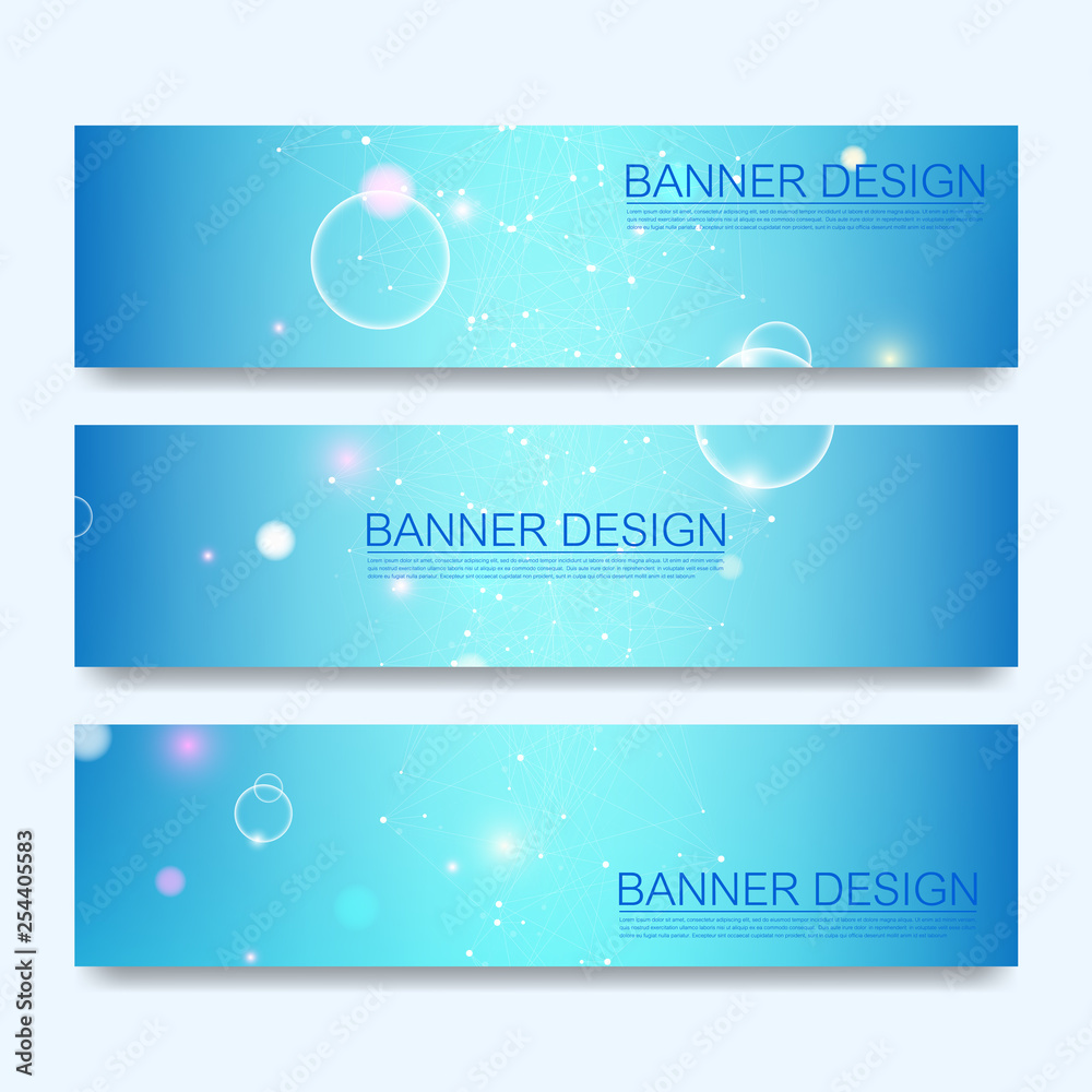 Aufkleber Abstract molecules banners set with lines, dots, circles, polygons. Vector design network communication background. Futuristic digital science technology concept for web banner template or brochure.