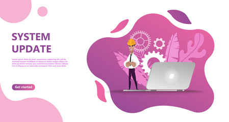 Maintenance update system upgrate concept. Characters design   people update operation system, use for landing page, template,   flyer, mobile app, web, banner, poster. Computer upgrade maintenance