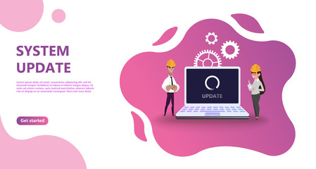 Maintenance update system upgrate concept. Characters design   people update operation system, use for landing page, template,   flyer, mobile app, web, banner, poster. Computer upgrade maintenance