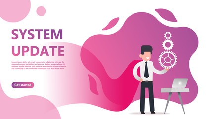 Maintenance update system upgrate concept. Characters design   people update operation system, use for landing page, template,   flyer, mobile app, web, banner, poster. Computer upgrade maintenance