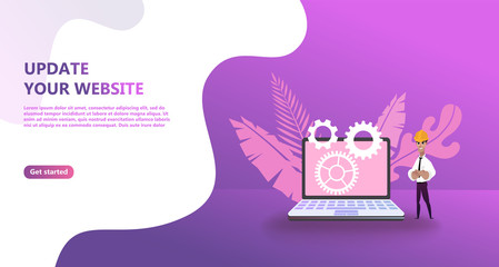 Maintenance update system upgrate concept. Characters design   people update operation system, use for landing page, template,   flyer, mobile app, web, banner, poster. Computer upgrade maintenance