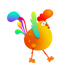 Cute cartoon rooster on white background. Colorful cock farm bird. Vector illustration. Childish style for funny design. Isolated. EPS 10.