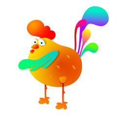 Cute cartoon rooster on white background. Colorful cock farm bird. Vector illustration. Childish style for funny design. Isolated. EPS 10.