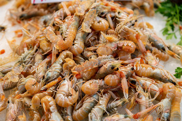 Shrimps prawns background. Top view, closeup.