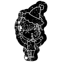 cartoon distressed icon of a laughing woman wearing santa hat