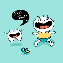 Baby first tooth vector illustration with laughing child with open mouth, nipple near the kid and cartoon tooth jumping for joy.