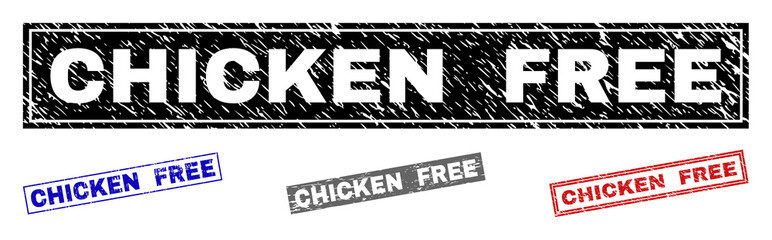 Obraz premium Grunge CHICKEN FREE rectangle stamp seals isolated on a white background. Rectangular seals with grunge texture in red, blue, black and grey colors.
