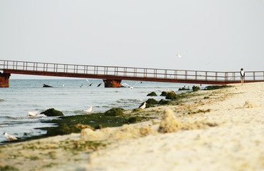 Fototapeta na wymiar lonely girl on a deserted beach near the pier