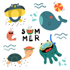 Summer set with cute sea creatures - whale, penguin, shrimp, octopus, turtle and different water activities for kids. Vector illustration in cartoon style with inscription "Summer".