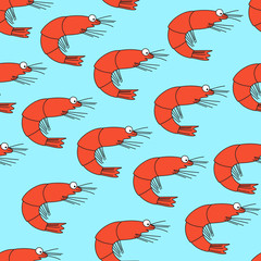 Vector seamless pattern with cartoon funny red shrimp on blue background. EPS 10.