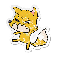 distressed sticker of a clever cartoon fox