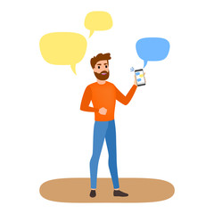 Man holding mobile phone and chatting with friends